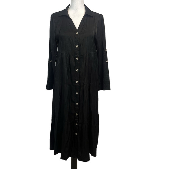 Solutions Dress size Small Black Tiered Midi Boho Modest Career Church Peasant - Picture 1 of 10